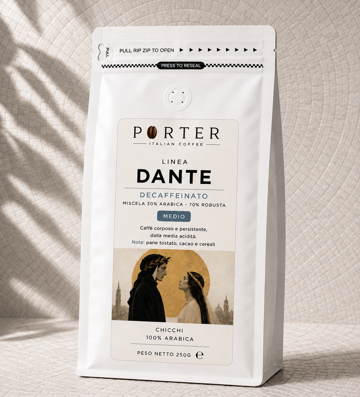 Confezione Porter Dante su superficie chiara con ombre di palme