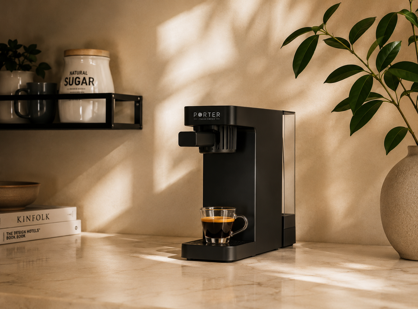 Tazzina di espresso su un piano in marmo, luce del mattino